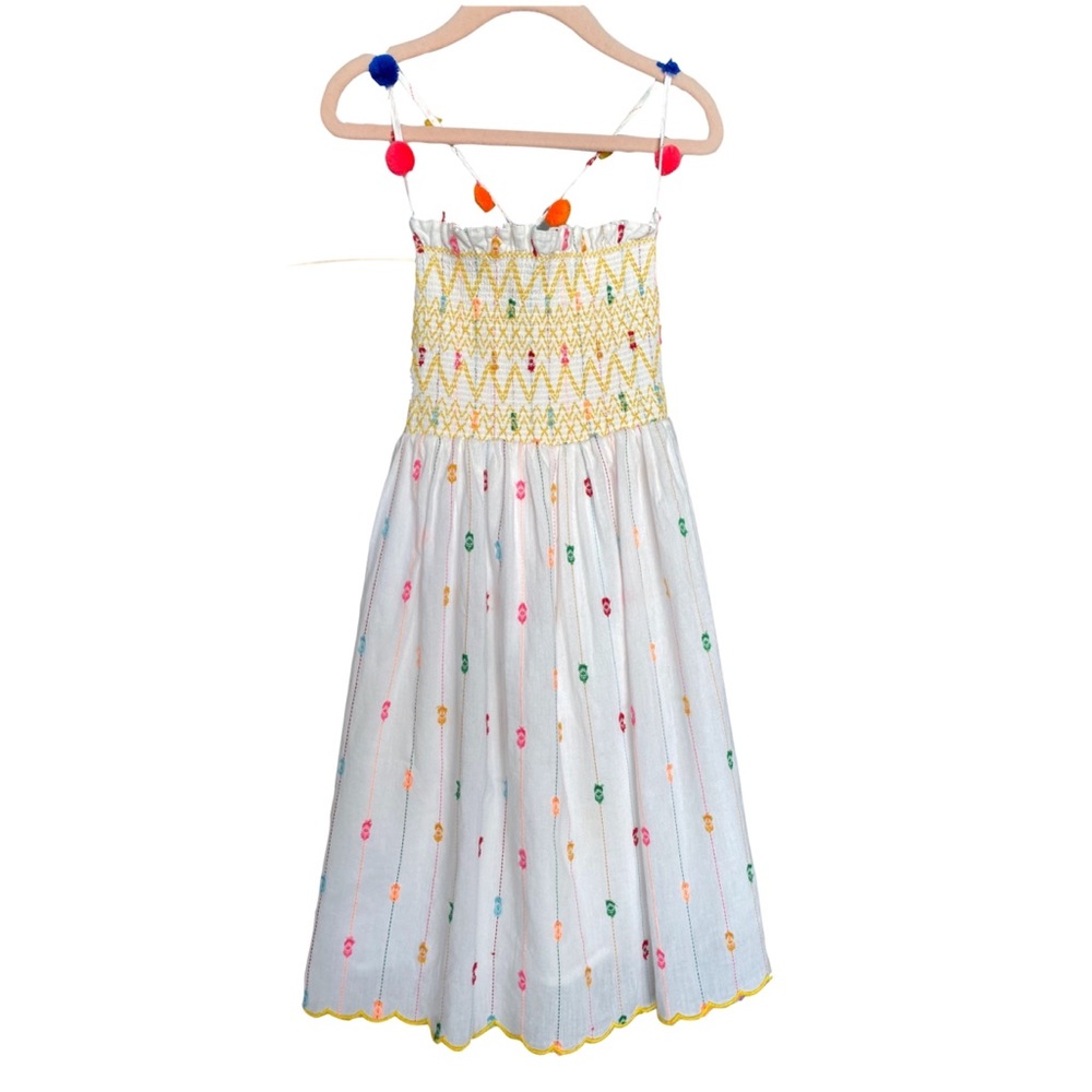 Zara Multi Colored Smocked Pom Pom Dress NWOT